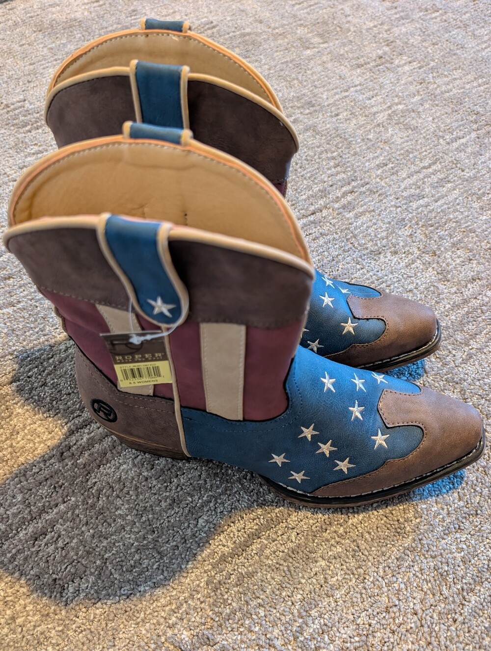 Roper American Flag Faux Leather Flotus Western Boots Blue Red Tan Brown - 8.5